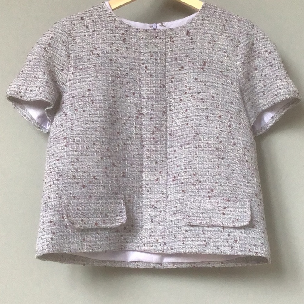 Sandra Angelozzi Femmes Carriere Tweed, short sleeve, lilac/blue color, size 10.